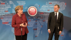 Donald Tusk, Angela Merkel - briefing, targi CeBIT w Hanowerze